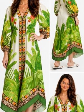 FARM Rio Fresh Forest Scarf V-Neck Midi Dress.